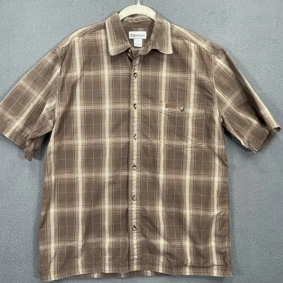Carhartt Relaxed Fit S/S Button Shirt Mens Large Brown Plaid Pocket 100%‎ Cotton - Picture 3 of 10